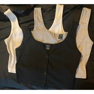 Ribbed Tank Top Bundle - Black White Gray Button Front Crop Tanks